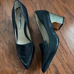 Karl Lagerfeld Black Leather Shoes with Block Gold Heels, 7.5